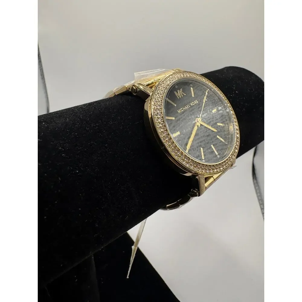 Michael Kors Mk7547 Watch Gold-Tone Black Pave Crystal Bezel Nwt Gold